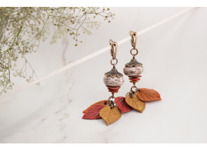 Ancient beads drop earrings Fall leaves red orange yellow