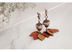 Ancient beads drop earrings Fall leaves red orange yellow