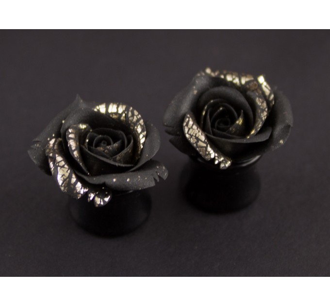Black and gold rose plug earrings for stretched ears Gothic wedding gauges and tunnels Elegant Handmade