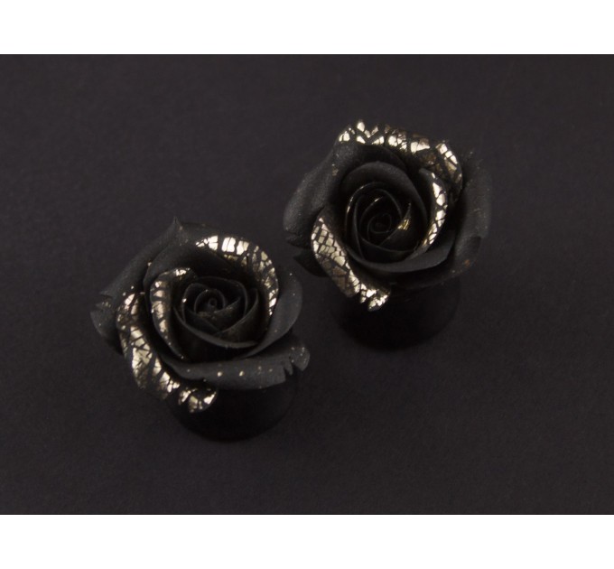 Black and gold rose plug earrings for stretched ears Gothic wedding gauges and tunnels Elegant Handmade