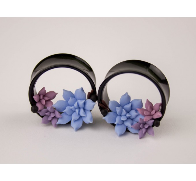 Handmade tunnels for stretched ears with pastel pink blue lavender Succulents Wedding plugs and gauges for bride 10-25mm