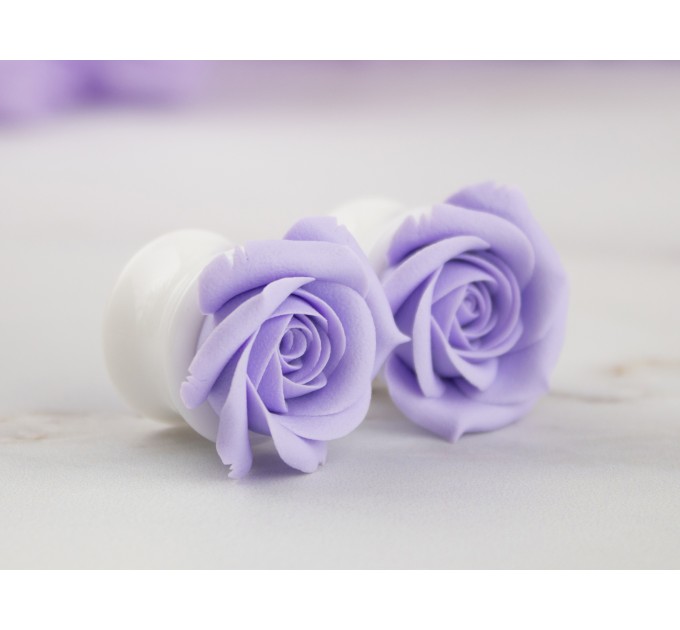 Lavender wedding ear plugs Lilac rose flower gauge earrings for stretched ears 3-20mm Bridesmaids jewelry Custom colors 