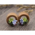 Bridal tunnels earrings for stretched ears with Light green Blue Lavender Succulent flowers Handmade Wedding plugs and gauges