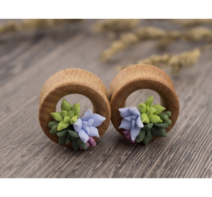 Bridal tunnels earrings for stretched ears with Light green Blue Lavender Succulent flowers Handmade Wedding plugs and gauges