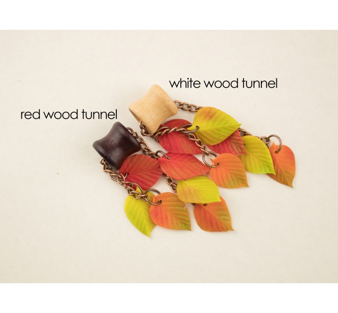Colorful fall leaves Dangle gauge earrings for stretched ears Wooden tunnels Autumn Woodland Chain hangers Handmade
