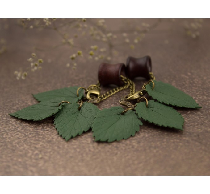 Green leaves chain hangers for stretched ears 8mm - 20mm wooden tunnels Dangle plugs and gauges Woodland Botanical