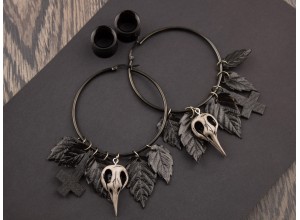 Hoop hangers earrings with black leaves Inverted crosses Bird skulls 6-25mm