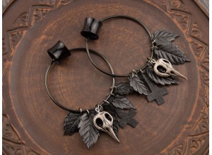 Hoop hangers earrings with black leaves Inverted crosses Bird skulls 6-25mm