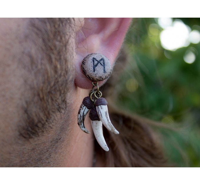 Runes stud earrings for men with Fangs Ancient Viking jewelry studs for guys Pagan Brutal Handcrafted