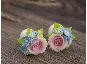 Pink roses and forget-me-not plug earrings 8-20mm