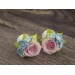Wedding ear plugs and gauges with Pastel pink roses and light blue forget-me-not flowers 