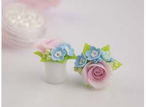 Pink roses and forget-me-not plug earrings 8-20mm