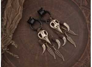 Raven skull hoop hangers for tunnels 2g - 25mm with copper chains