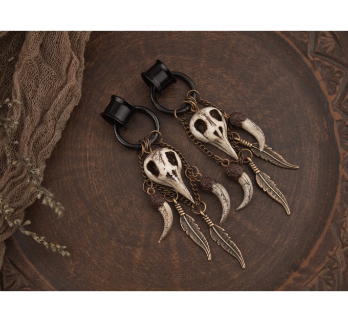 Gothic hoop hangers for tunnels Dangle earrings for stretched ears with Raven bird skull Copper chains Viking fangs and feathers Handmade
