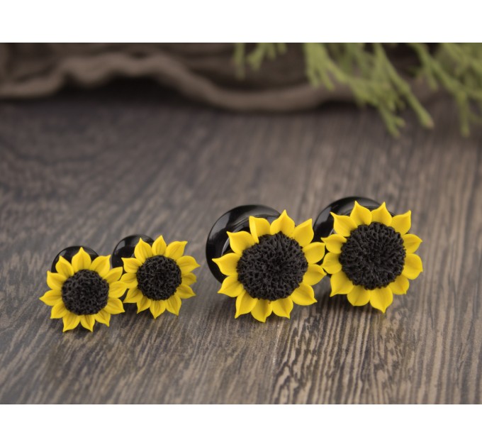 Yellow sunflower ear plugs Handmade flower gauge earrings for stretched ears from 8g to 20mm