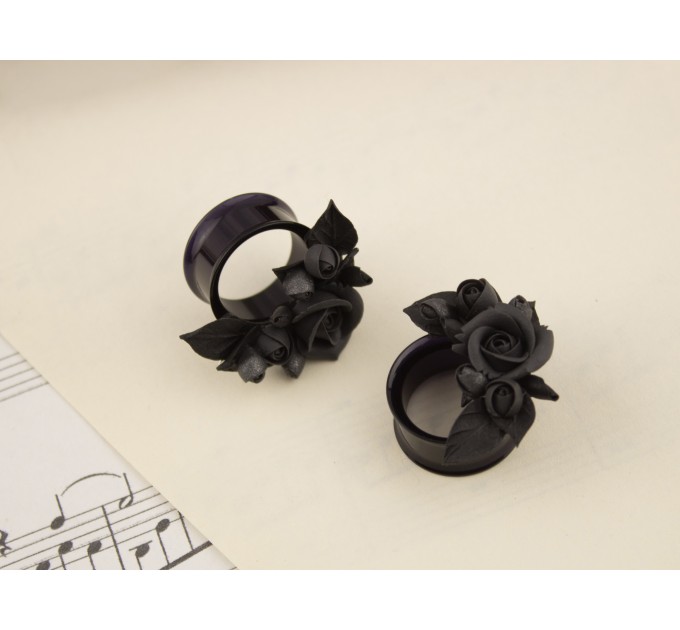Gothic wedding gauges earrings for stretched ears Black rose bridal ear plugs Flower tunnels Handmade