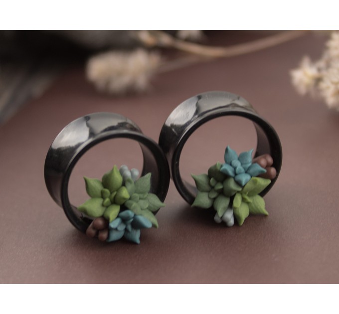Green succulents tunnels Floral earrings for stretched earlobes Botanical plugs and gauges Handcrafted