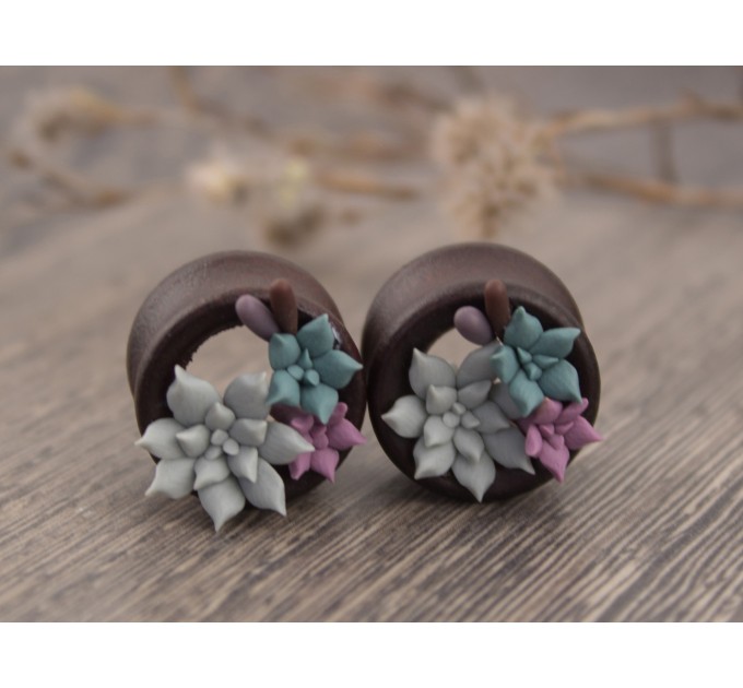 Cute succulent wooden tunnels Wedding earrings for stretched ears Dusty pink gray teal floral plugs and gauges Handmade