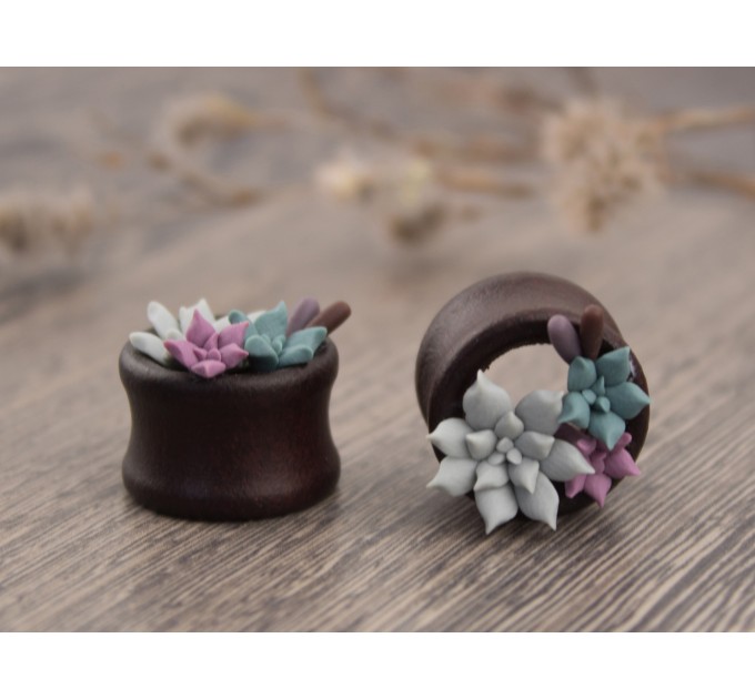 Cute succulent wooden tunnels Wedding earrings for stretched ears Dusty pink gray teal floral plugs and gauges Handmade