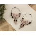 Ivory flowers beige roses brown leaves Hoop earrings Tunnel hangers for stretched ears Bird raven skull charm