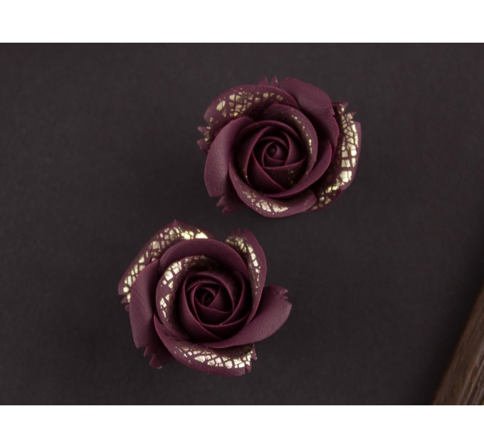 Burgundy and gold rose plug earrings for gauged ears Custom color flower tunnels Fall wedding Dark red Wine Maroon Handmade 