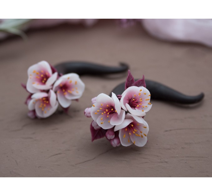 Spring wedding fake gauges - Real plugs for stretched ears Sakura cherry blossom Pink blooming earrings Handmade