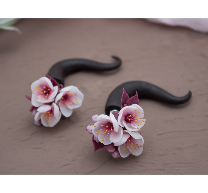 Spring wedding fake gauges - Real plugs for stretched ears Sakura cherry blossom Pink blooming earrings Handmade