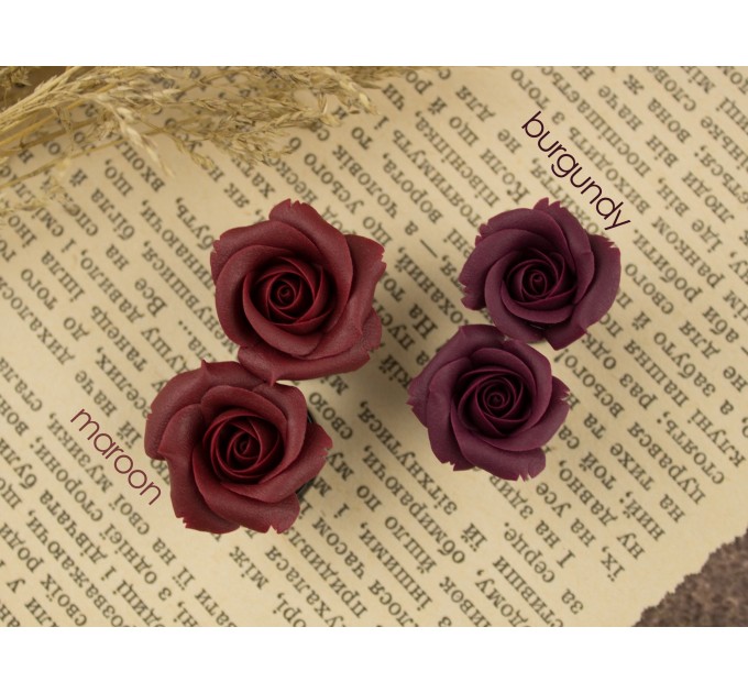 Autumn wedding earrings for stretched earlobes Maroon rose ear plugs Dark red gauges Custom color Handmade