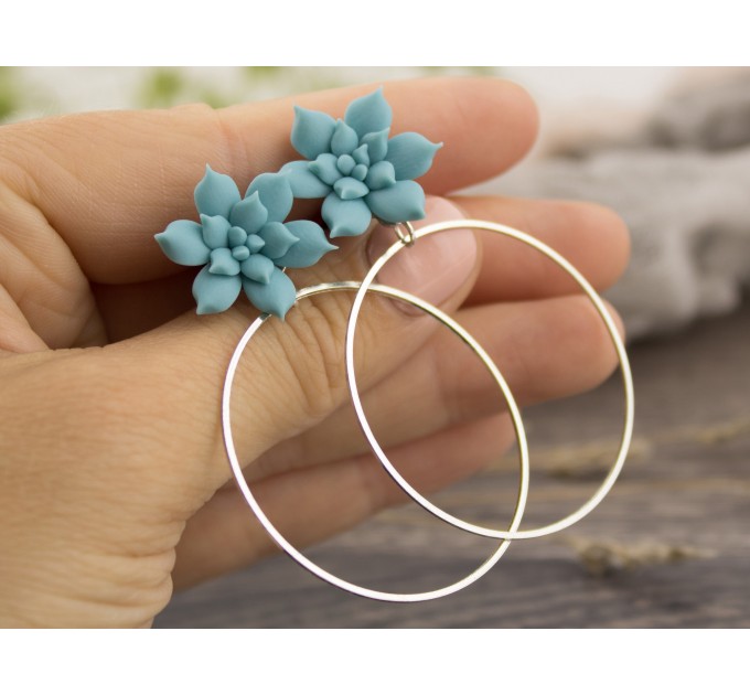 Dusty blue succulent plug earrings for stretched ears Dangle hoops Cute floral tunnels and gauges Botanical Tropical Summer