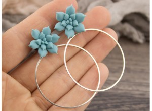 Dusty blue succulent plug earrings 3mm - 20mm with hoops 
