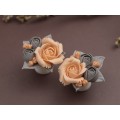 Gray peach wedding ear plugs Bridal earrings for stretched gauges Floral tunnels handmade 