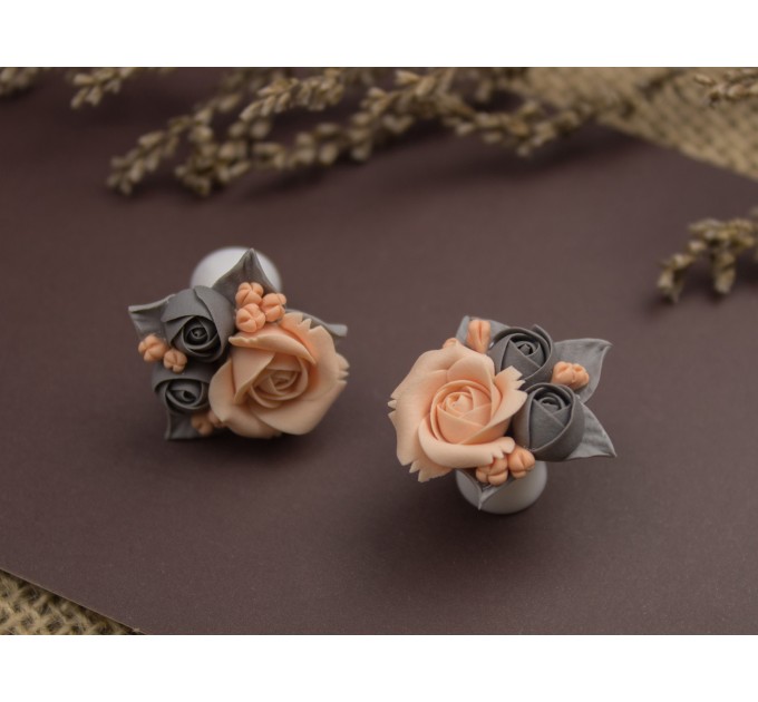 Gray peach wedding ear plugs Bridal earrings for stretched gauges Floral tunnels handmade 
