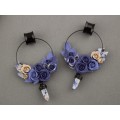 Indigo blue beige rose hoop earrings Tunnel hangers for stretched ears with crystal charm 6-25mm OOAK