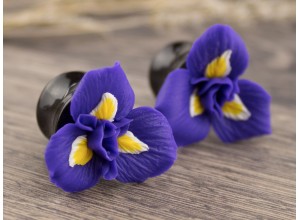 Purple iris flower plug earrings 3mm - 20mm