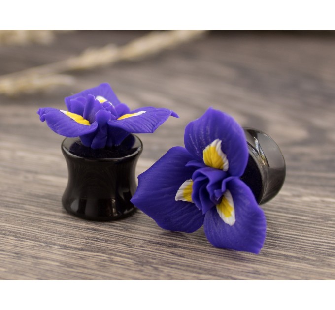 Purple iris flower plug earrings for gauged ears Floral tunnels Nature Botanical jewelry for stretched ears Handmade