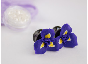 Purple iris flower plug earrings 3mm - 20mm