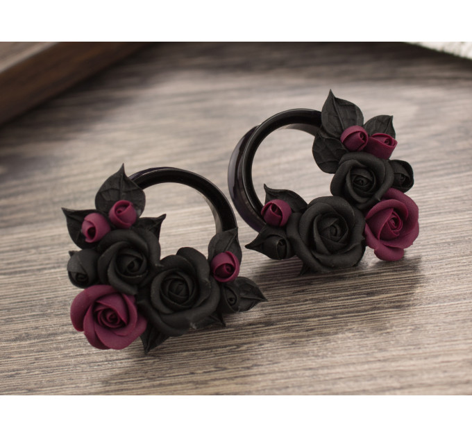 Fall wedding Dark wine red rose tunnel earrings for stretched ears Deep burgundy and black tiny flower plugs and gauges Handmade