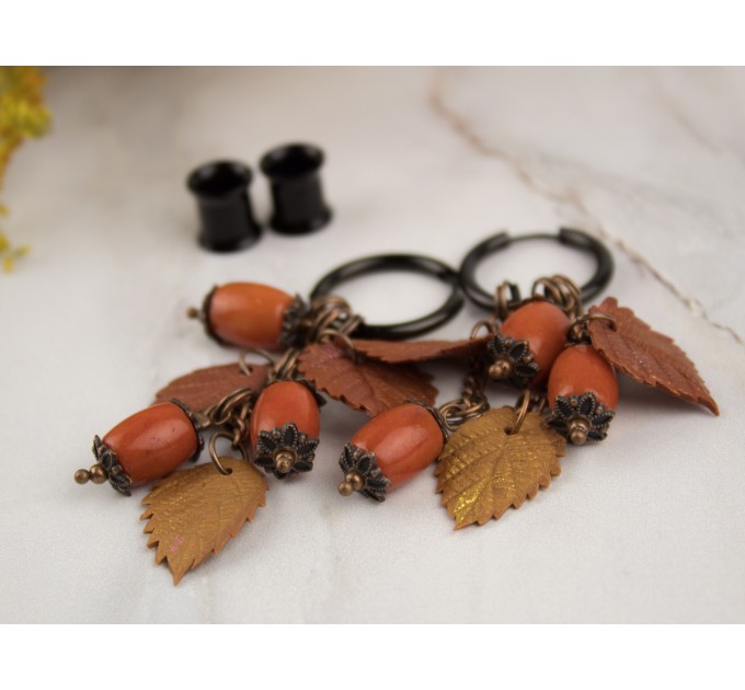 Orange yellow fall leaves tunnel hangers for stretched earlobes Red coral beads Handmade  