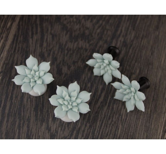 Light mint green succulent earrings for gauged ears Floral plugs and tunnels Bridesmaid jewelry Stretched earlobes Handmade