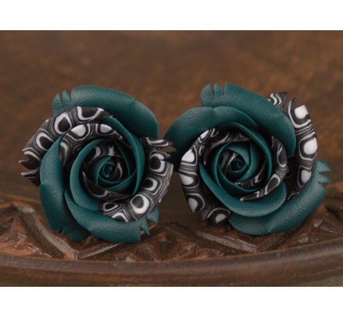 Teal rose ear plugs with black and white print Unique earrings for stretched ears Gauges and tunnels Handmade
