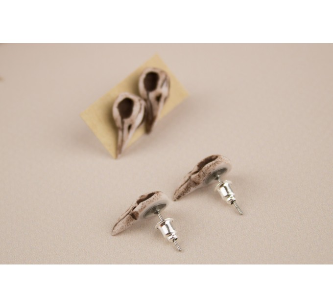 Tiny bird skull stud earrings Raven skeleton Halloween jewelry Gothic Witchcraft Pagan Wiccan Dark aesthetic lover gift Handmade 