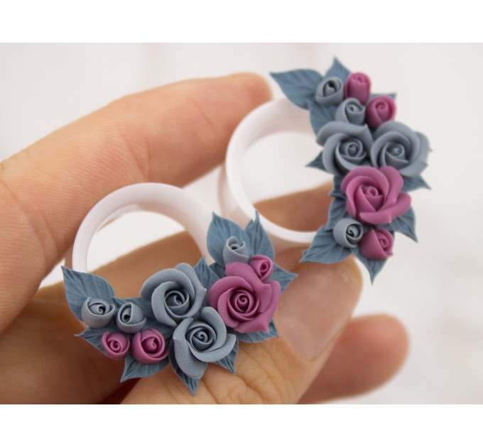 Dusty blue and pink bridal ear tunnels for stretched earlobes Wedding gauges Floral plug earrings Custom color scheme