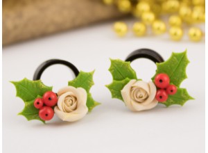 Holly berry ear tunnels with beige roses 12-25mm