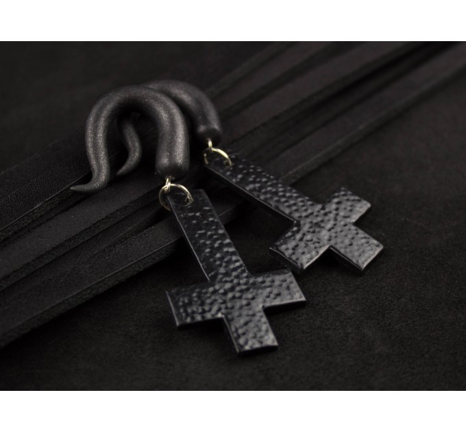 Gothic earrings for gauged ears 5-14mm Black inverted cross Witchcraft Halloween plugs and tunnels Metalhead gift Satanic 