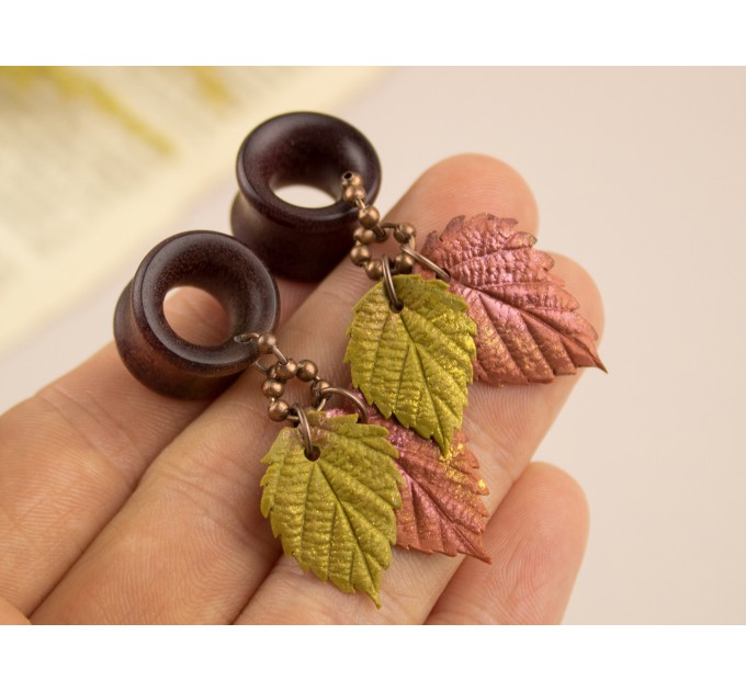 Autumn earrings for gauged earlobes Orange yellow leaf dangle plugs Ear tunnels Thanksgiving jewelry 