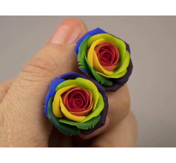 Rainbow flower earrings for stretched earlobes LGBTQ+ wedding jewelry Colorful rose ear plugs and tunnels