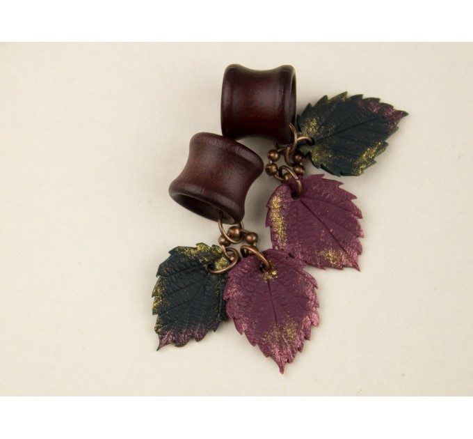 Dangle wooden tunnels with burgundy and teal leaves Autumn jewelry for stretched ears Plugs and gauges Handmade