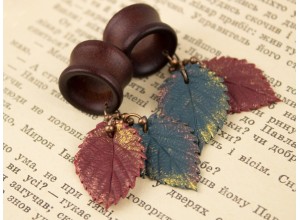 Teal and burgundy leaves wooden tunnels  8-20mm