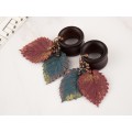 Dangle wooden tunnels with burgundy and teal leaves Autumn jewelry for stretched ears Plugs and gauges Handmade