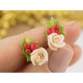 Cute Xmas earrings Tiny beige rose and Holly berry Christmas gift idea Holiday party jewelry